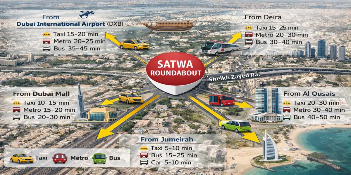 Satwa Roundabout Dubai directions map from major locations