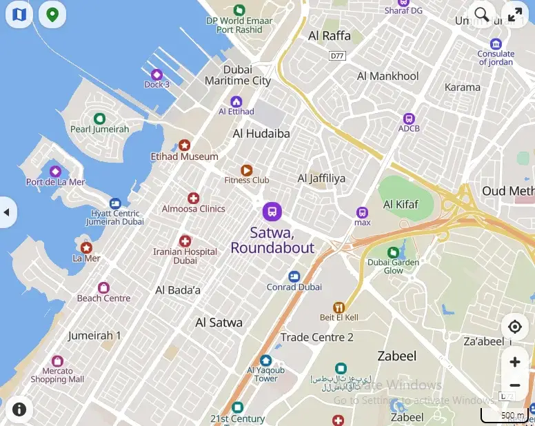 Mapcarta map showing Satwa Roundabout in Al Satwa Dubai with nearby attractions