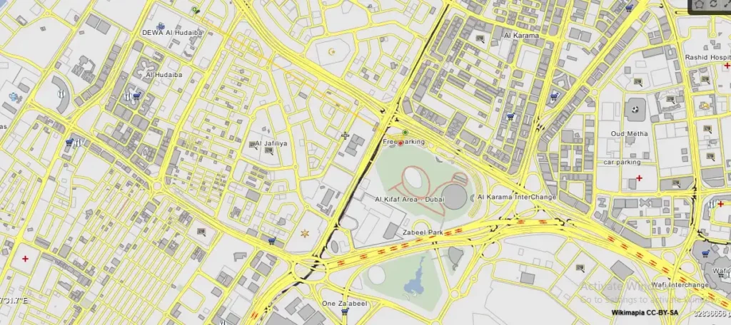 Wikimapia map of Satwa Roundabout in Al Satwa Dubai with tagged locations