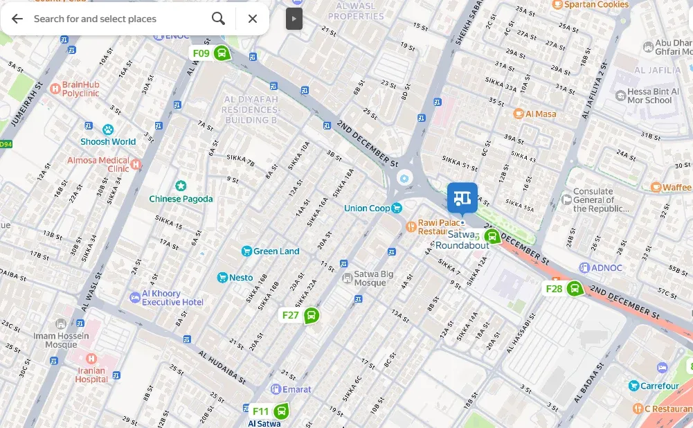 Yandex map showing Satwa Roundabout in Al Satwa Dubai with navigation routes