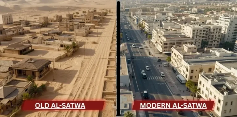 Al Satwa Dubai historical transformation showing old desert settlement and modern urban city development