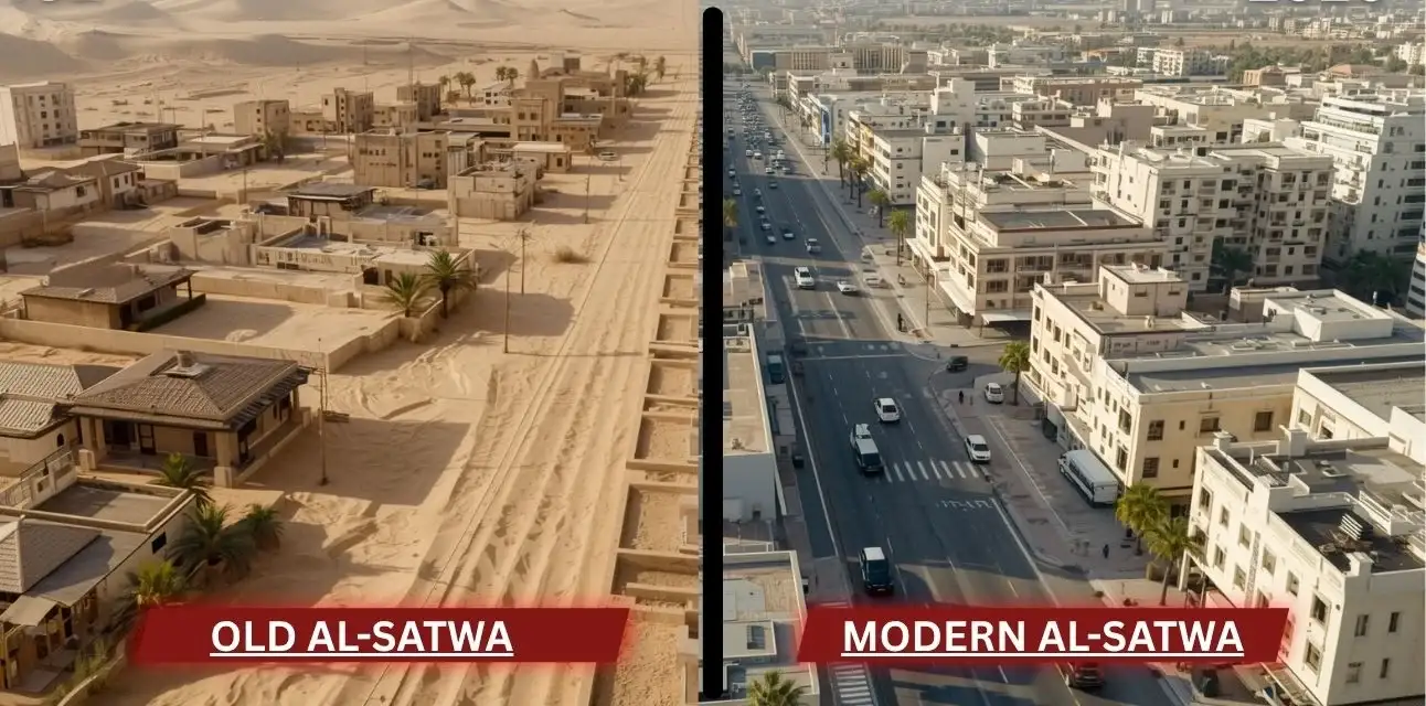 Al Satwa Dubai historical transformation showing old desert settlement and modern urban city development