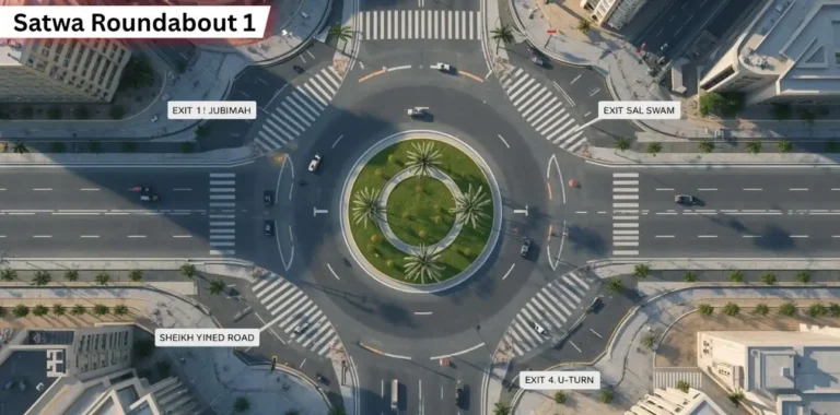 Realistic top view of Satwa Roundabout 1 in Dubai showing traffic lights, exits, lane directions, and road connections between Al Wasl Road and Al Hadiqa Street
