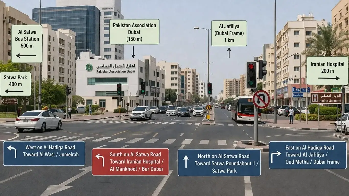 Realistic view of Satwa Roundabout 2 in Dubai showing traffic lights, Pakistan Association Dubai, Iranian Hospital, and Al Hadiqa Road intersection
