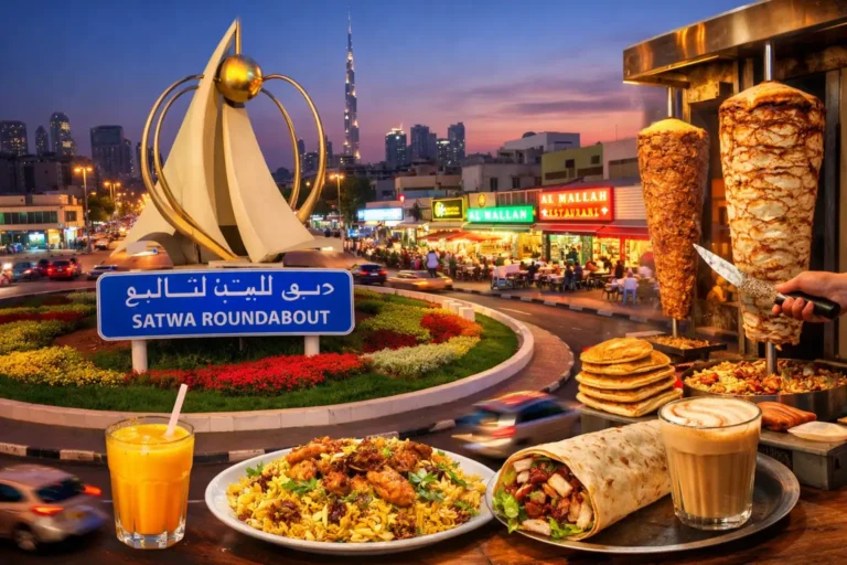 Food around Satwa Roundabout Dubai showing shawarma, biryani, street food and local dining spots