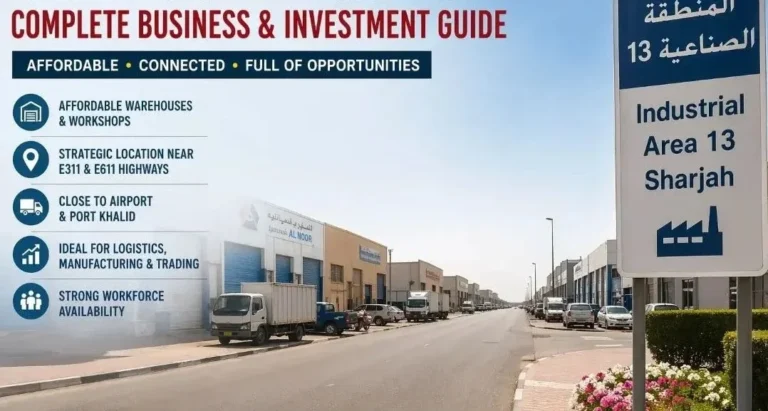 Industrial Area 13 Sharjah warehouses and industrial street with trucks and business units