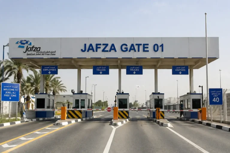 JAFZA Gate 1 main entry security checkpoint in Jebel Ali Free Zone Dubai with employee, truck, and visitor lanes