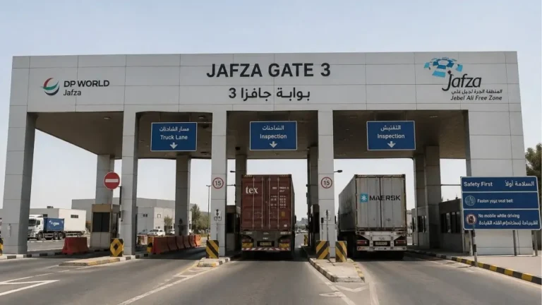 Heavy trucks passing through JAFZA Gate 3 cargo inspection checkpoint in Jebel Ali Free Zone Dubai with customs and security scanning lanes