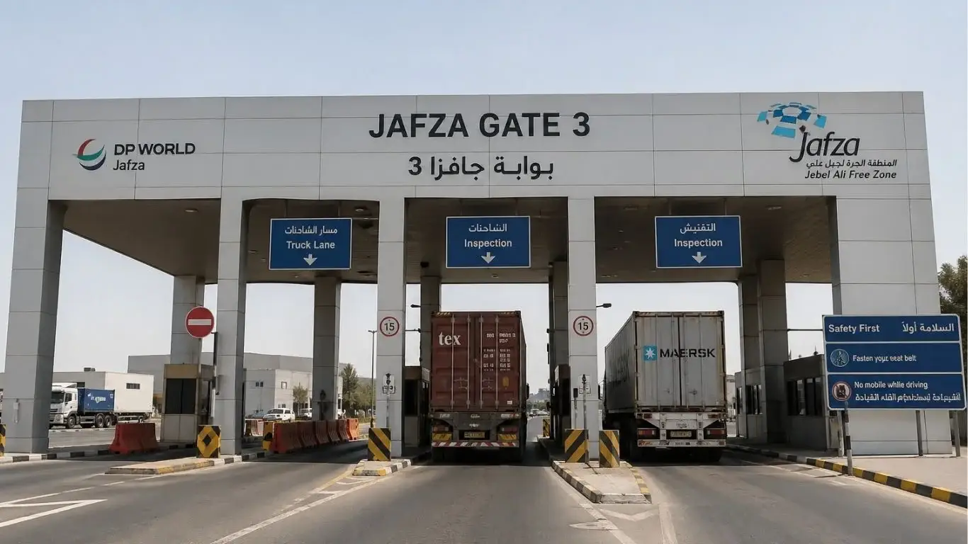 Heavy trucks passing through JAFZA Gate 3 cargo inspection checkpoint in Jebel Ali Free Zone Dubai with customs and security scanning lanes