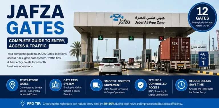 JAFZA Gates Dubai entry checkpoint with trucks and vehicles at Jebel Ali Free Zone access gate