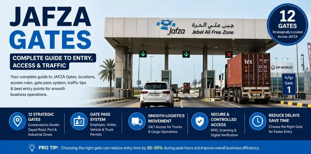 JAFZA Gates Dubai entry checkpoint with trucks and vehicles at Jebel Ali Free Zone access gate