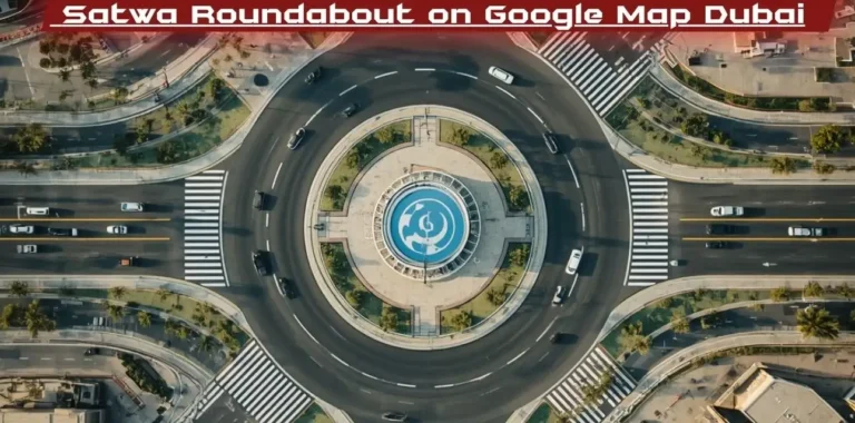 Satellite view of Satwa Roundabout in Dubai on Google Maps showing roads, traffic circle, nearby landmarks, and surrounding buildings