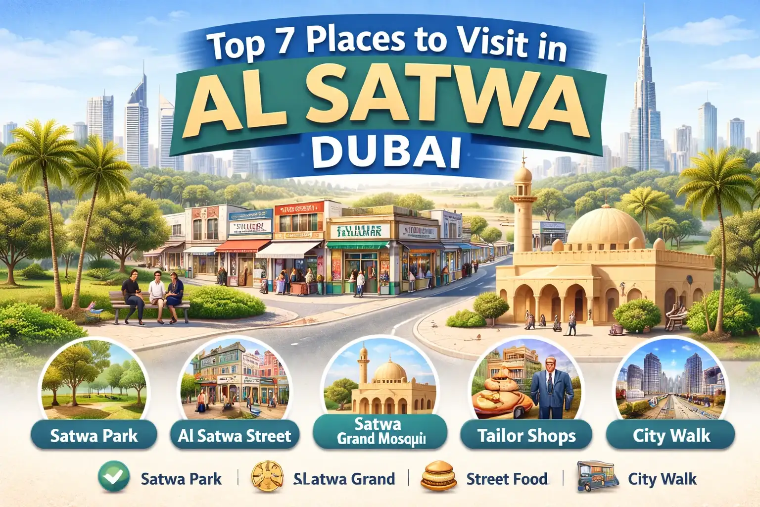 Top 7 places to visit in Al Satwa Dubai including Satwa Park, street market, mosque and local food spots