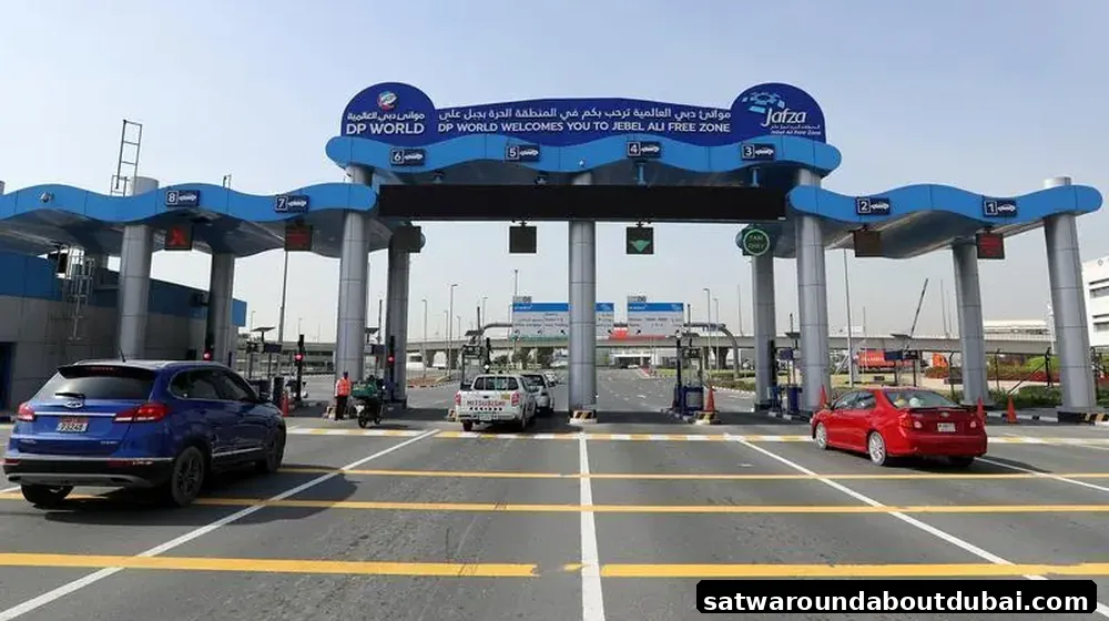 Vehicles exiting through JAFZA Gate 4 DP World gate in Jebel Ali Free Zone