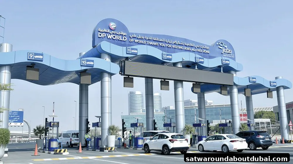 Cars and light vehicles entering JAFZA Gate 4 DP World checkpoint in Dubai