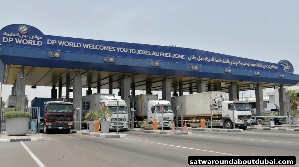 Heavy trucks entering JAFZA Gate 4 checkpoint in Jebel Ali Free Zone Dubai