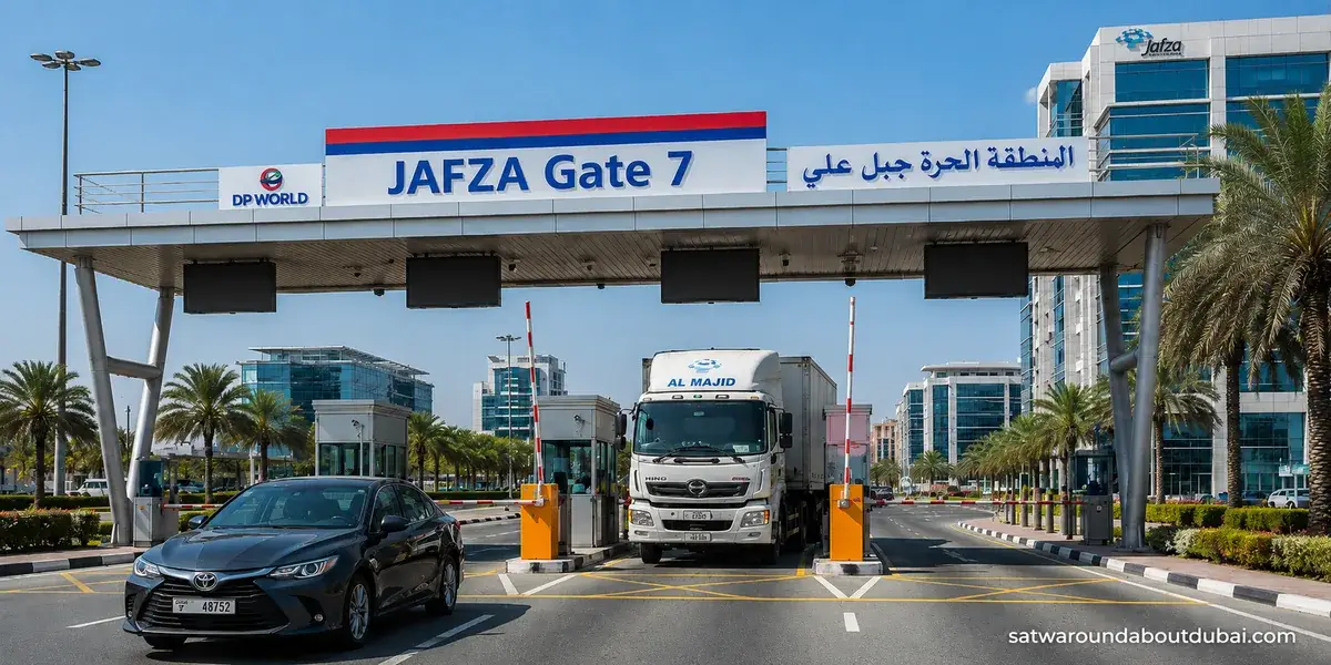 JAFZA Gate 7 entrance in Jebel Ali Free Zone Dubai with car and truck at checkpoint