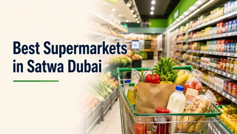 Best supermarkets in Satwa Dubai with grocery shopping aisle and fresh produce