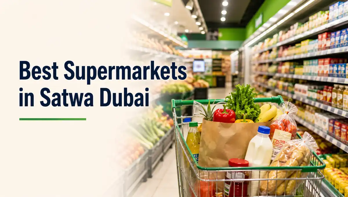 Best supermarkets in Satwa Dubai with grocery shopping aisle and fresh produce