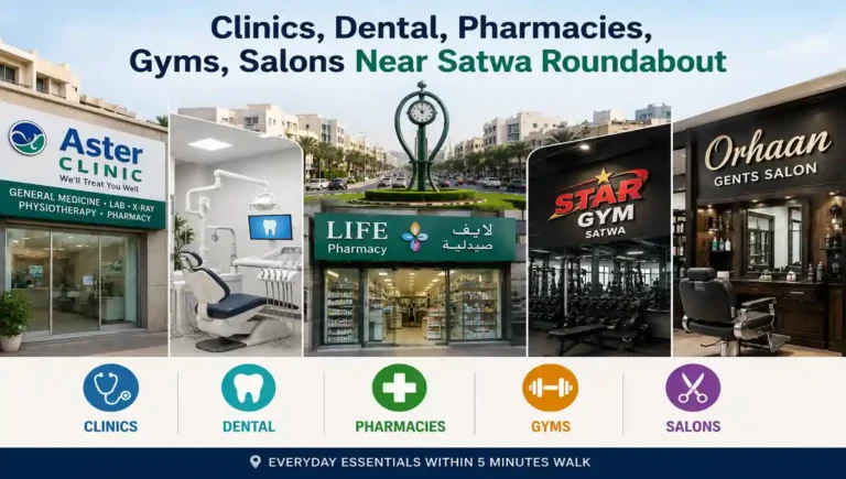 Clinics, dental clinics, pharmacies, gyms and salons near Satwa Roundabout