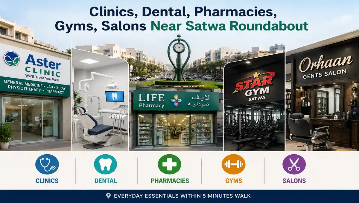 Clinics, dental clinics, pharmacies, gyms and salons near Satwa Roundabout