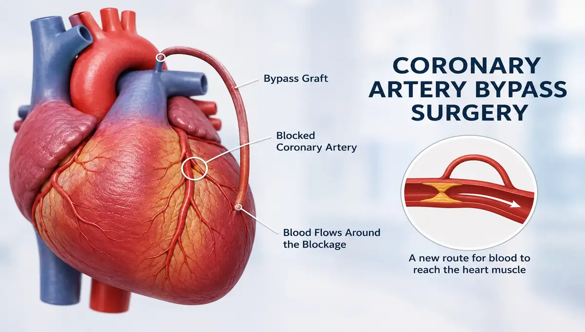 Coronary artery bypass surgery showing a graft creating a new route around a blocked coronary artery