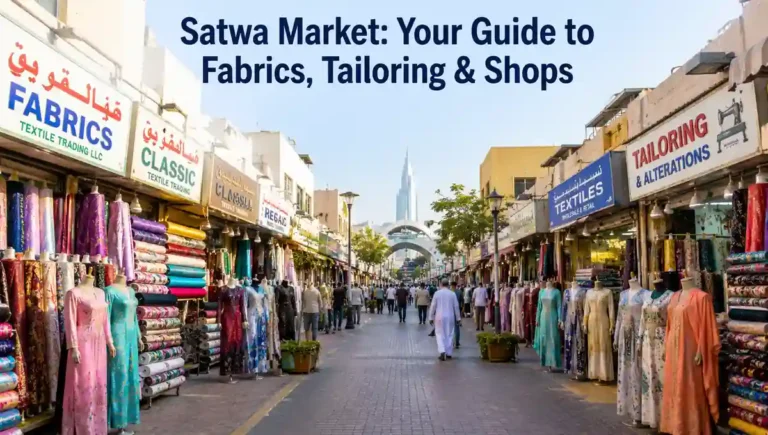 Satwa Market Dubai with fabric shops, tailoring stores and colorful textiles