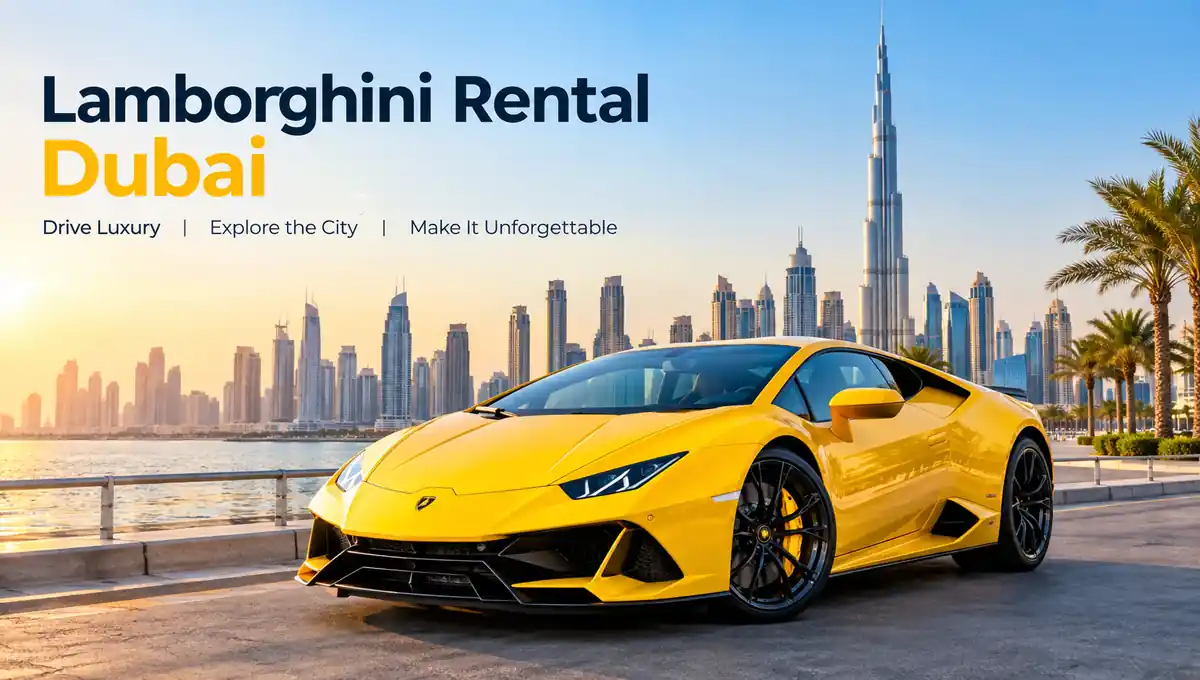 Lamborghini rental Dubai with Burj Khalifa skyline