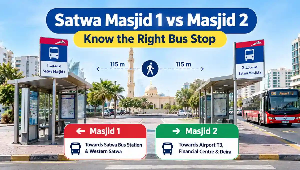 Satwa Masjid 1 vs Masjid 2 bus stop guide image