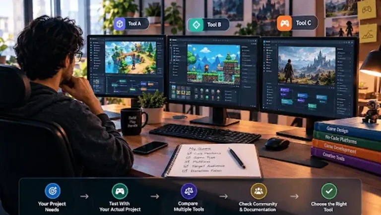 Game developer comparing multiple game development tools and no-code platforms