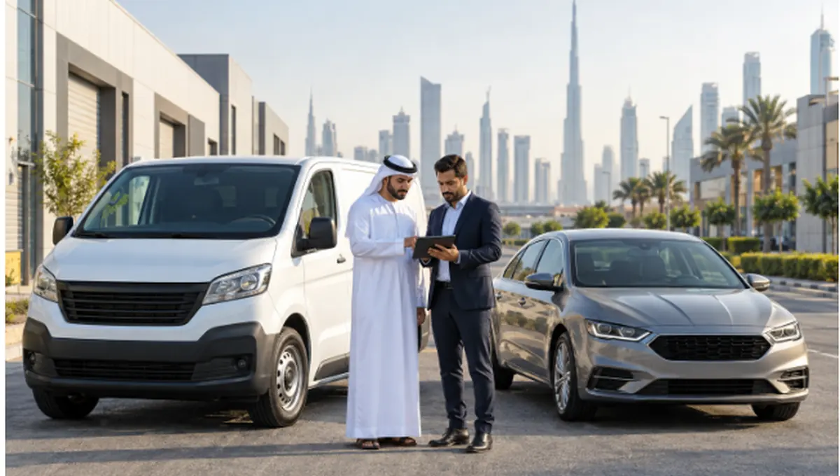 UAE business owners reviewing vehicle plans beside a cargo van and sedan in Dubai