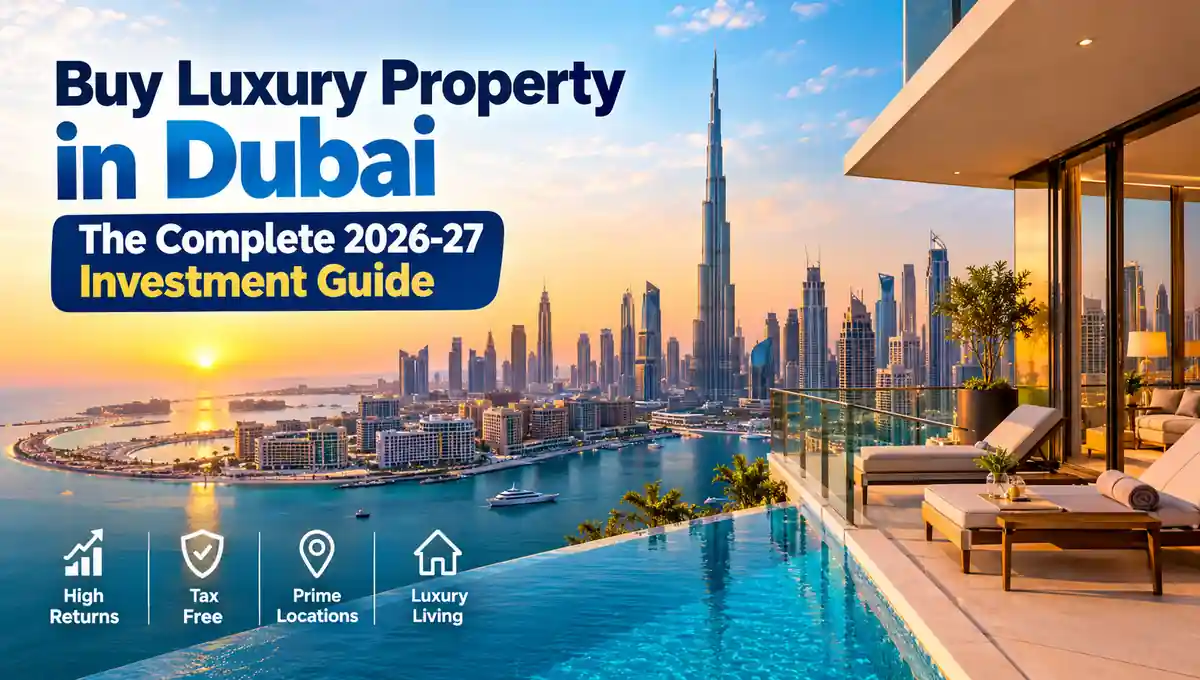 Luxury waterfront property in Dubai with Burj Khalifa skyline at sunset